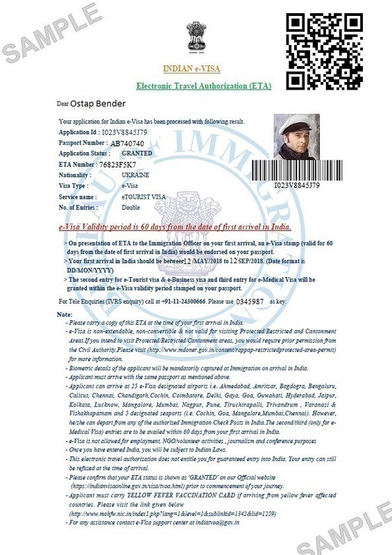 Sample e-visa for India